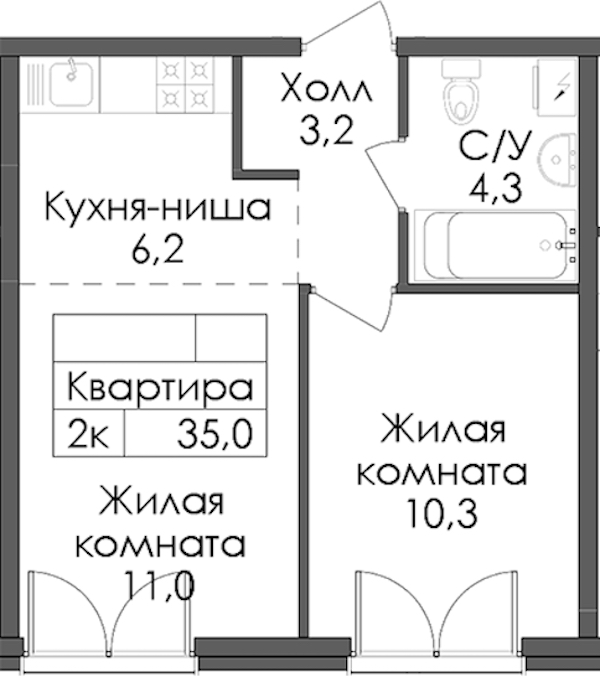 1-комнатная квартира 35 м², 3/7 эт., ЖК «Лермонтовский 54»